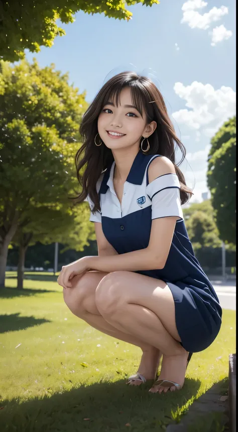 Woman squatting on the bank of a river、Both knees up、Beauty、Well-balanced proportionedium build、Small face、Small breasts、Small Ass、A strong wind is blowing、grassland、There are a lot of trees、She is wearing a navy blue short-sleeved long dress、Wearing white...