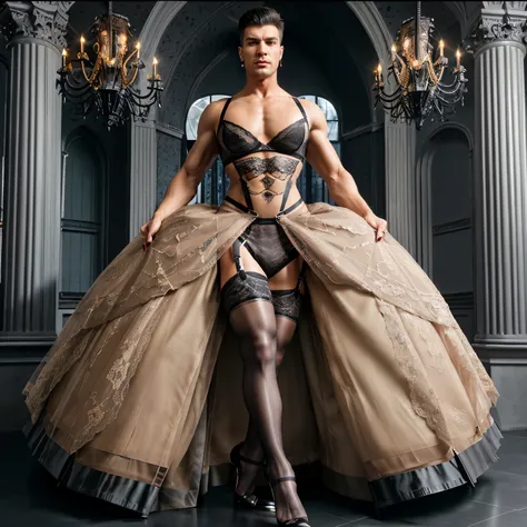 A masculine muscular hunk man with very short hair,  lingerie, gaff, black nylon stockings with lace top, padded bra, extreme black stiletto high heels and with metal heels and pointy toes garterbelt, with makeup, fake nails and fake eyelashes, long earrin...