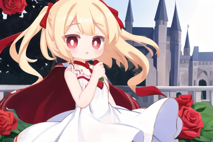 1girl,  blonde hair,  red eyes,  white dress,  flowing,  rose garden,  vampire,  castle