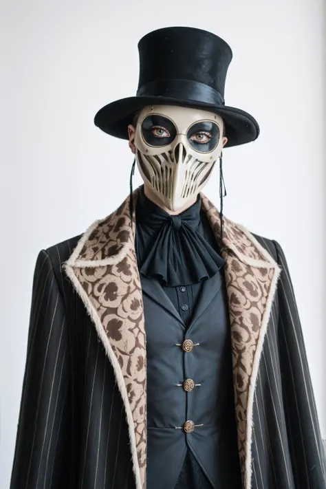 score_9, score_8_up, score_7_up, BREAK,
plague doctor in Victorian attire, textured coat with rivet embellishments, elongated beak mask with a single gleaming eye, stark contrast between dark clothing and pale background, delicate spiderweb patterns on the...