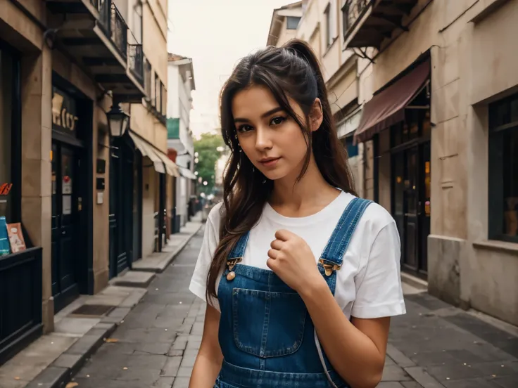 a photo of pho3b3cat3s, beautiful woman, ((24 years old)), street, tshirt, denim overalls, 1980s, retro, long wavy dark hair ponytail, (masterpiece), (extremely detailed CG unity 8k wallpaper), Intricate, ((photorealistic)),