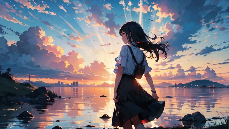 "Enchanting sunset scene of a girl enchanted by the majestic golden rays of sunlight and clouds, Create a vibrant color palette that inspires awe. masterpiece."