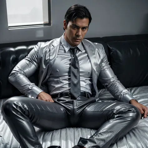 30 years old,daddy,"shiny suit",wear white shirt, very glossy pants, necktie, waistcoat, shiny satin trousers,dark gray satin fa...