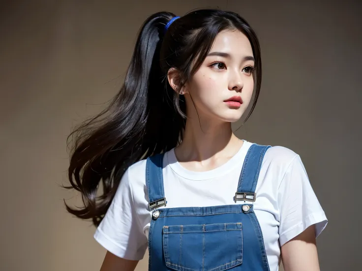 a photo of pho3b3cat3s, beautiful woman, ((24 years old)), street, tshirt, denim overalls, 1980s, retro, long wavy dark hair ponytail, (masterpiece), (extremely detailed CG unity 8k wallpaper), Intricate, ((photorealistic)),