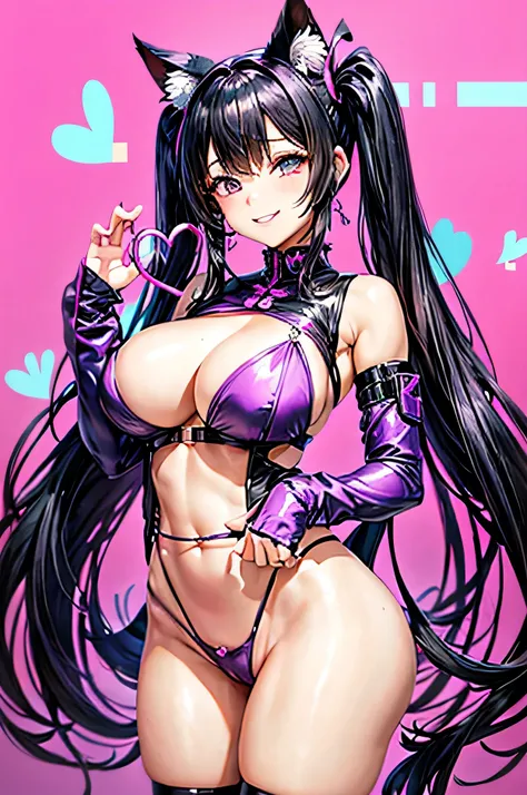 black haired girl,Twintail hair,perfect shape,High quality,(Showing off your pussy hole that has a large object in it.),Picture color: pink, purple, neon,Heart-shaped eyes,lewd smile