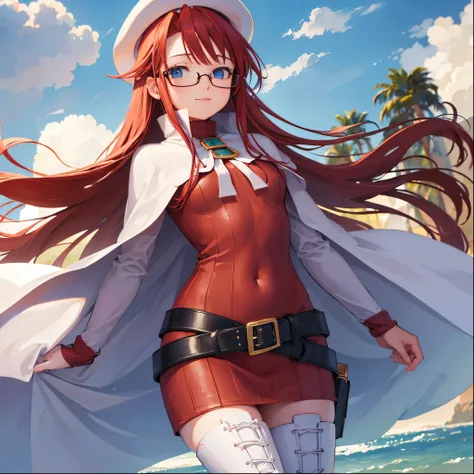 summonnightaty, aty, (young:1.3),long hair, blue eyes, red hair, big_berets, hat, glasses,
BREAK long hair, thighhighs, hat, dress, naked_legs, glasses, belt, cape, sweater, zettai ryouiki, beret, thigh boots, white footwear, ribbed sweater, loose belt,sol...