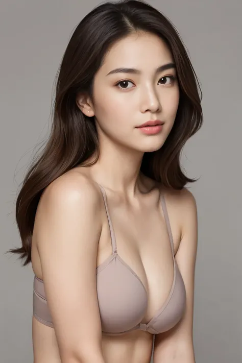 Create a (( mid-shot )) photorealistic image of a beautiful Asian woman with fair, smooth, flawless skin. She has large, round, sparkling eyes with naturally long and curled eyelashes, and well-defined, dark eyebrows. Her nose is straight and high, and her...