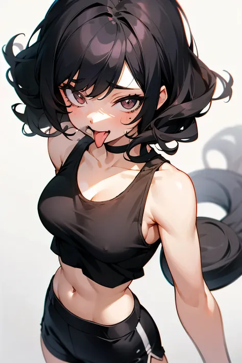 Girl, long tongue, short curly black hair, black tank top, exposed stomach, short pants, tongue outside the mouth, long tongue