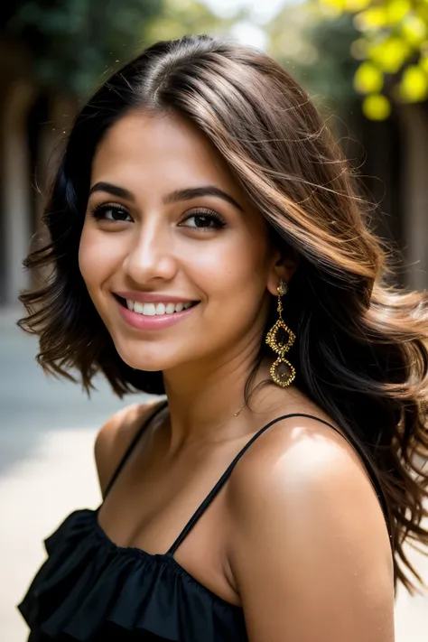 foto cruda, retrato, 25 year old woman, latina, piel ligeramente morena, cabello moreno, flaquita, cara feliz, linda sonrisa, cinematic shot, dramatic lighting, vestido negro, small nose
