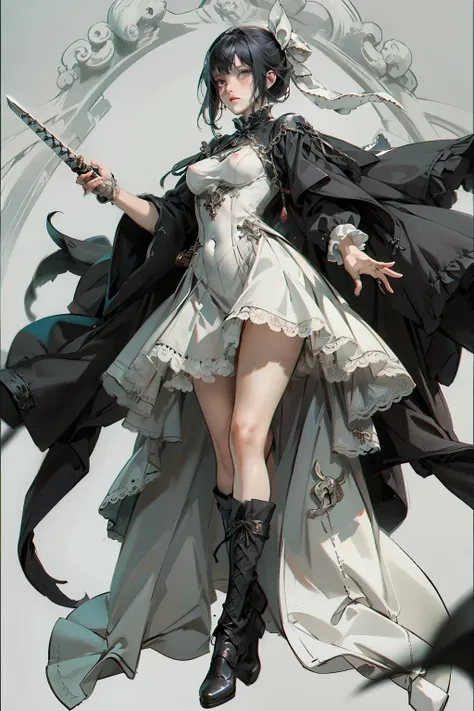 ((best quality)), ((masterpiece)), (detailed), blank white background, plain background, white background, red and white clothing, Bloodborne inspired,  occult aesthetic, occult, detailed and intricate steampunk and detailed gothic, NSFW, Very dramatic and...