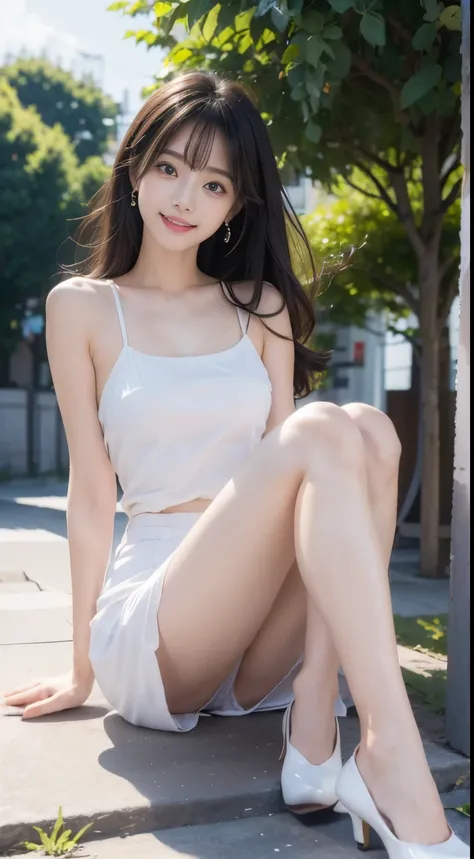 Woman sitting on the bank of a river、Standing with both knees together、Legs stretched out in front、Beauty、20-year-old、university student、Well-balanced proportionedium build、Small face、Small breasts、Small Ass、A strong wind is blowing、grassland、There are a l...