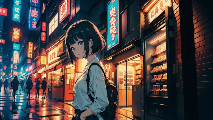 (Masterpiece), High Quality, 1girl, Anime Style, Cute Anime Girl, City Night Retrowave Scene, Student, Scantily Clad Girl, Exhibitionist, Vibrant Palette, Neon Lights, Arcade, A Girl in a City, Anime Characters, Japanese School Girl, Voluptuous, Sexy, Beau...