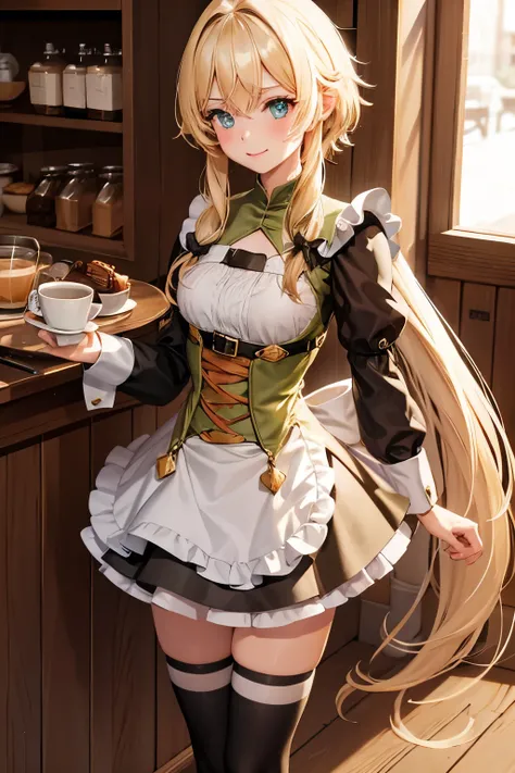 petitgirl with blonde twin tail,　Open maid outfit,Medieval café,coffee