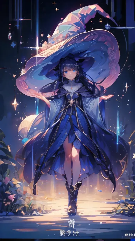 ((magic使いの女の子:1.5)), Full body photography，Perfect Face, Beautiful Face, Highly detailed face，(Long Hair:1.3)，(Witch Hat:1.3)，boots，Witchs broom，magicの杖，book of magic，Night Sky，たくさんのstar，Shine，smile，Light，magic，月Light，starの粒，star々，月Light，流れstar