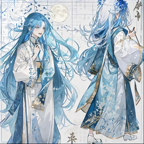 Male，male，White Robe、Long gradient blue hair、long flowing hair，wide sleeve robe，Ancient Wind，Plain clothes，There is no pattern on the clothes，Laughing，Soft Lighting，water ink，Behind it is the full moon，Low Saturation，Low contrast，LED floodlight