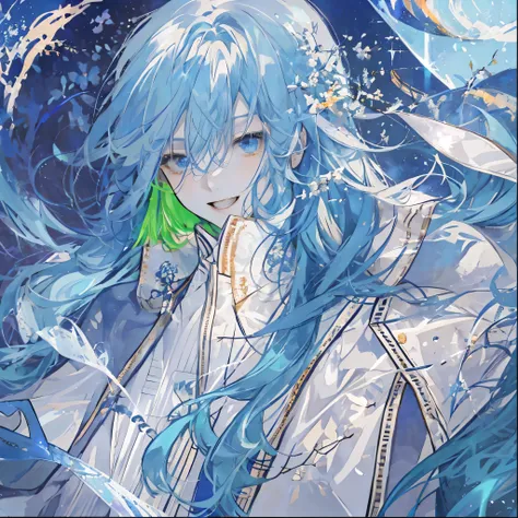 Male，male，White Robe、Long gradient blue hair、long flowing hair，wide sleeve robe，Ancient Wind，Plain clothes，There is no pattern on the clothes，Laughing，Soft Lighting，water ink，Behind it is the full moon，Low Saturation，Low contrast，LED floodlight