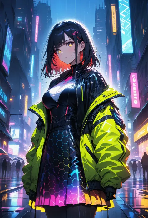 night, Colorful cyberpunk city background, rain, street, very long hair, black hair, dark blue inner hair, red bangs, yellow bangs, shining eyes, large breasts, colorful jacket, futuristic jacket, (hexagon-pattern skirt:1.5), stern expression, black, backl...