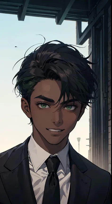 ((young man in a black suit and tie)), filmed in early 2020s, Gotham, alejandro, It looks very sophisticated, (((Black Short Hair, combed to the left side))), (dark green eyes and thick eyebrows), grin. ((20 years)), ((Black suit and black tie)), masterpie...