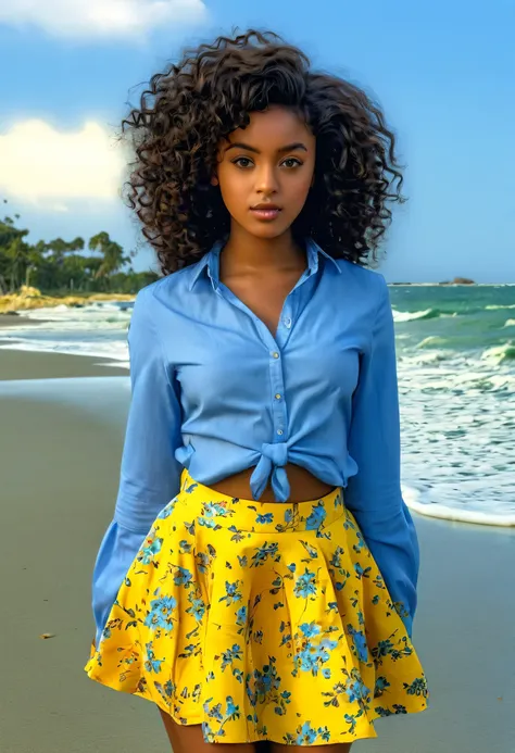 Ultra-realistic, 4k, professional photo, 22 year old girl, black girl, big curly hair, HDR, detailed face, medium body, yellow skirt with flower, (open blue shirt), Masterpiece, (lighting), (1solo), beach background, realistic background, realistic photo