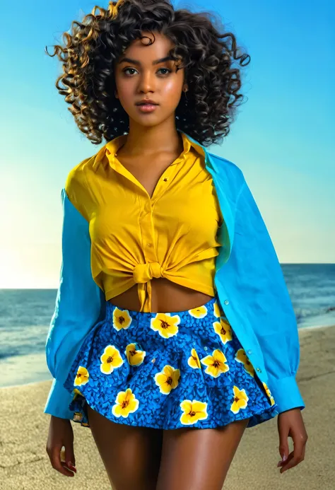 Ultra-realistic, 4k, professional photo, 22 year old girl, black girl, big curly hair, HDR, detailed face, medium body, yellow skirt with flower, (open blue shirt), Masterpiece, (lighting), (1solo), beach background, realistic background, realistic photo