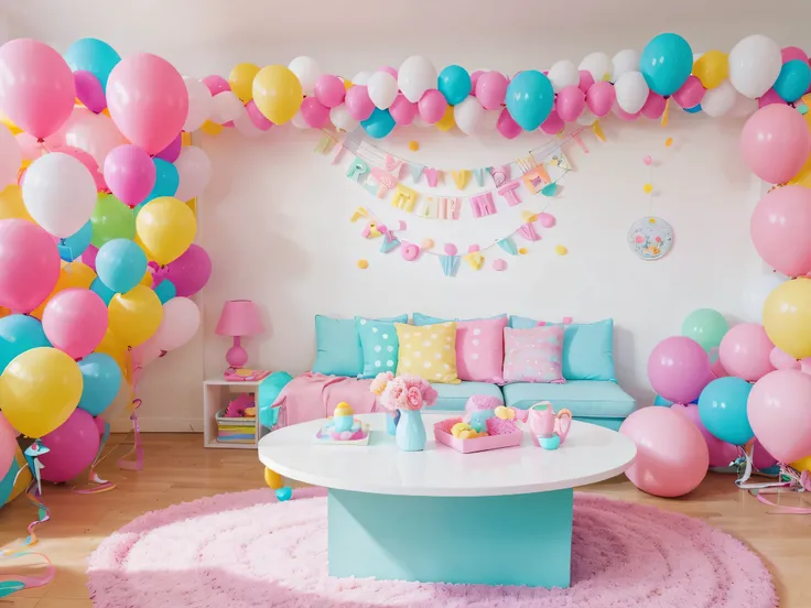 A bright, playful setting filled with pastel colors and whimsical elements like balloons or confetti, great for products targeted at children or for fun, lifestyle goods.