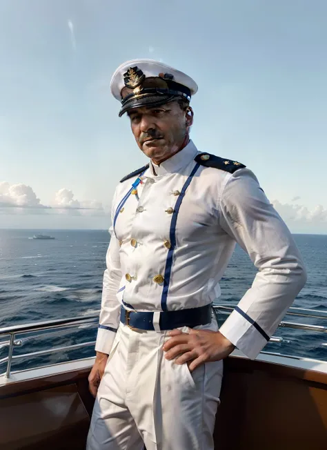 A bordo de um grande navio de cruzeiro, surrounded by azure waters, We find the commanding presence of a captain of approximately fifty years of age, friendly and charismatic. assemelhando-se a um comandante experiente, he stands prominently in the foregro...