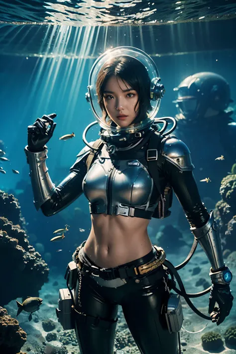 a girl in diving suit,Bikini wetsuit, fully exposed midriff, bare waist,cowboy-shot, Under deep water，The body is wet，((in deep sea))，Transparen oxygen helmet,Transparent full-face helmet ,((bikini top)),((metal Bikini armor)), sexy exposed midriff, full m...