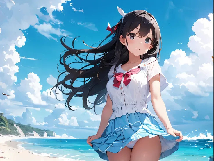 Breasts sticking to a white dress shirt、She is wearing a light blue and white checkered skirt with both hands, showing off her cute white underwear.、barefoot、Sandy beach, sea and blue sky、Cute white underwear