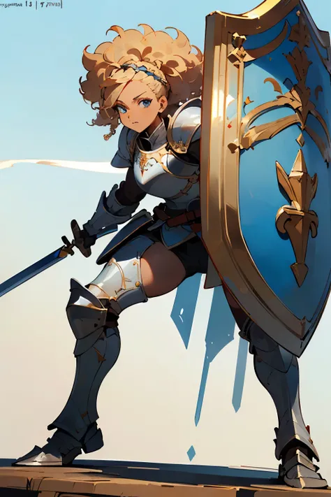 ((Medieval Fantasy Woman brown skin, warrior)), ((long sword on right hand)), ((fantasy shield on left), ((sky blue eyes)), (ligth blonde afro hair up), (bulky plate armor), (brave expression), (height 175 cm), ((Dynamic pose)), ((best quality)), ((masterp...