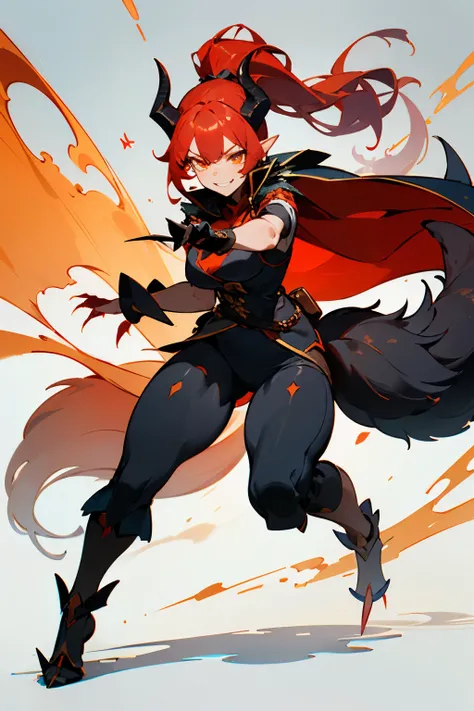 ((Medieval Fantasy half Dragon Woman Assassin)), ((long and sharp nails)), ((radiant orange eyes)), (long and thick Red hair, on a up ponytail), (leather elegant pirat captain clothes), ((athletic and sensual figure)), (mocking sensual smile expression), (...