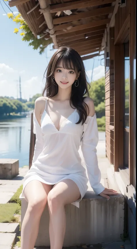 Woman sitting by the lake、Standing with both knees together、Legs stretched out in front、Hands on your back、Beauty、20-year-old、university student、Well-balanced proportionedium build、Small face、Small breasts、Small Ass、A strong wind is blowing、grassland、There...