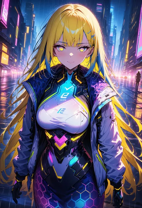 night, Colorful cyberpunk city background, rain, street, very long hair, (blue hair:1.75), (yellow hair hightlights:1.75), red bangs, yellow bangs, shining eyes, (multicolored eyes:1.5), blue eyes, yellow eyes, large breasts, (white jacket:1.5), futuristic...
