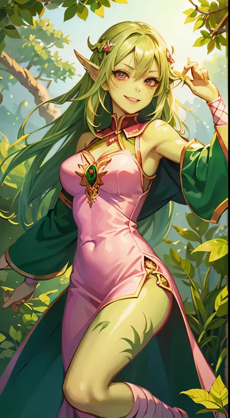 Estilo anime, pele verde plant girl, pele verde, cabelo rosa, leaves visible on the body, personagem lindo, olhos vermelhos, sorriso cativante, dressed in a cleric's outfit.