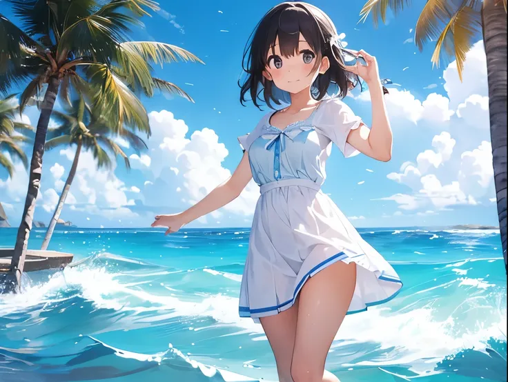 Breasts sticking to a white dress shirt、She is wearing a light blue and white checkered skirt with cute ribbons in both hands, showing off her underwear.、barefoot、Sandy beach, sea and blue sky、Shaved