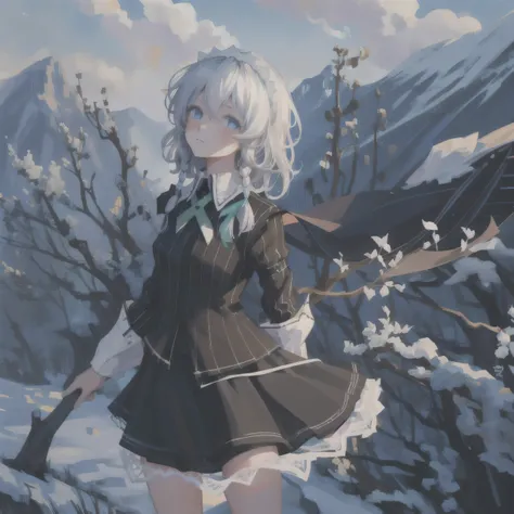 (1girl:1.2), slight blush, hands down, sakura tree, wind, winter, mountain range, mountain sitting near mountain, detailed water, sparkling eyes, light smile, peaceful, extremely detailed, depth of field, cinematic lighting, Ghibli-like colours, high detai...