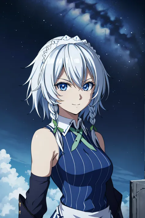 (high-quality, breathtaking),(expressive eyes, perfect face) 1female, female, solo, smiling, warm soft smile, , Venus planet, space background, portrait, upper body, magic, , sakuya izayoi, silver hair, maid dress, white apron, very short skirt, sexy pose...