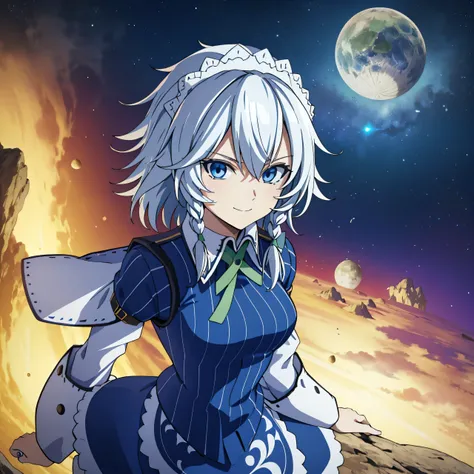 (high-quality, breathtaking),(expressive eyes, perfect face) 1female, female, solo, smiling, warm soft smile, , Venus planet, space background, portrait, upper body, magic, , sakuya izayoi, silver hair, maid dress, white apron, very short skirt, sexy pose...