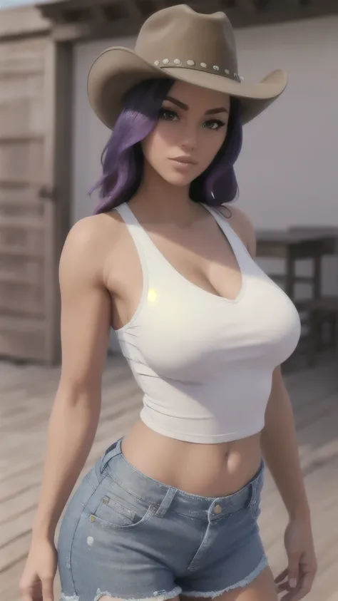 (Highly quality, highly resolutions, highly detailed, masterpiece), Western theme, Western background, 1girl, standing pose, white top, blue shorts, short jeans, cowboy hat, black/purple hair, brown skin tone, cleavage, sexy body,