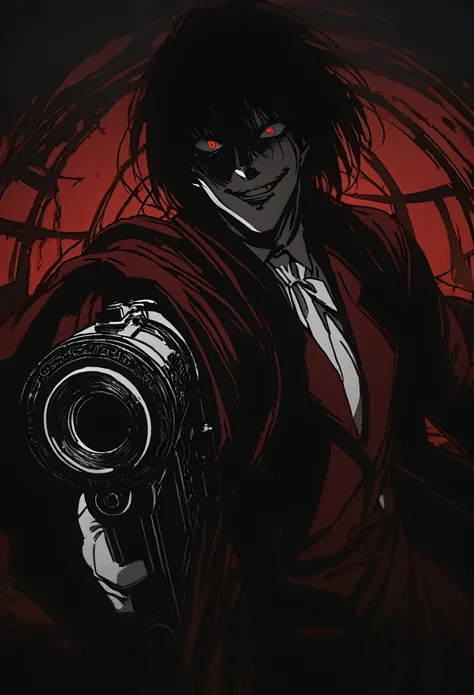 alucard from "hellsing" in close-up, in high quality.  fisheye effect, focusing the image on the barrels of their distinctive en...