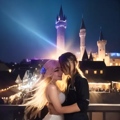 they are posing for a picture together at a , night!, happy couple, profile picture, at future neon light rooftop, instagram post, vacation photo, profile picture 1024px, profile pic, profile image, wpol and sarasti, with backdrop of god rays, music festiv...