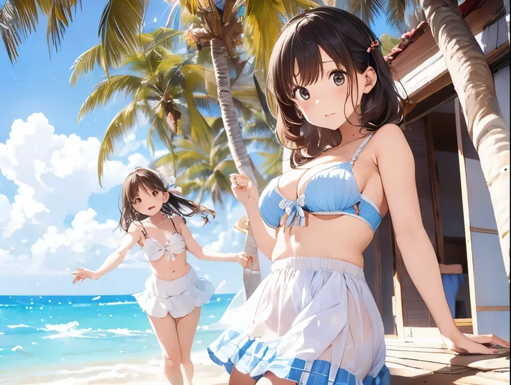 Breasts sticking to a white dress shirt、She is wearing a light blue and white checkered skirt with cute ribbons in both hands, showing off her underwear.、barefoot、Sandy beach, sea and blue sky、Little sister hugs her older sister、Big Breasts、Paisura