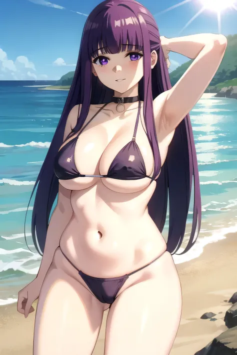 portrait, solo focus, solo, 
 frieren_fern, 1girl, purple eyes, solo, long hair, purple hair, bangs, anime coloring, blunt bangs, parted lips, cleavage, purple_bikini, ocean, waves, sand, water, sun, lens_flare, hq, hd, high quality, masterpiece, 4K, 8K, h...