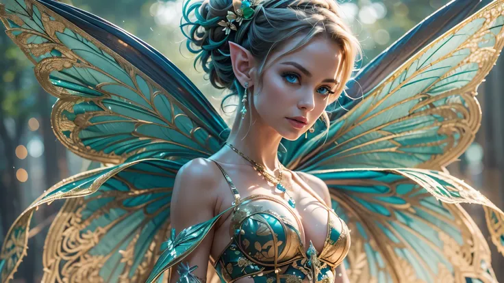 Beautiful faerie woman, elf ear, flying, centered holographic dragonfly wings, balanced wings, glowing blue eyes, detailed proportional hand, proportional body, firm breast, silk tutu, frank Frazzetta painting style, (Best Quality:1.4), (Ultra-detailed), (...