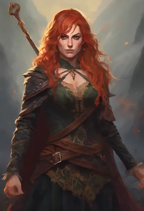 Becky Lynch as dnd character, ravenloft, Lovecraft, detailed portrait,gothic horror,dark fantasy,dramatic lighting,dramatic pose,intense expression,glowing eyes,fangs,ragged cloak,tattered clothing,ruined castle background,moody colors,dramatic shadows,the...