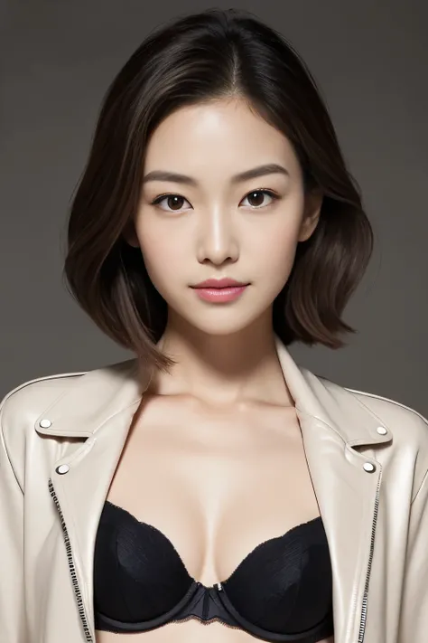 Create a (( mid-shot )) photorealistic image of a beautiful Asian woman with fair, smooth, flawless skin. She has large, round, sparkling eyes with naturally long and curled eyelashes, and well-defined, dark eyebrows. Her nose is straight and high, and her...