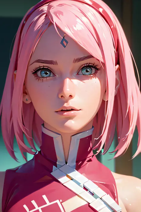 Sakura haruno detailed face detailed body detailed background perfect lighting great quality, mulher bonita de cabelo rosa, feliz sorrindo