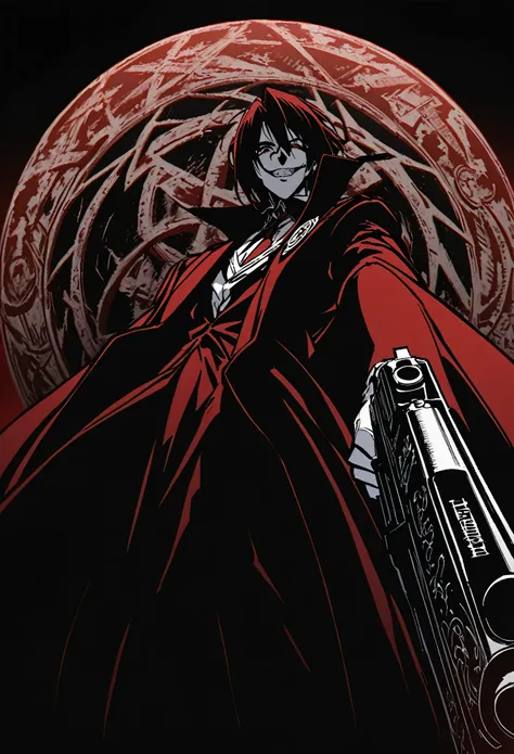 alucard from "hellsing" in close-up, in high quality.  fisheye effect, focusing the image on the barrels of their distinctive en...