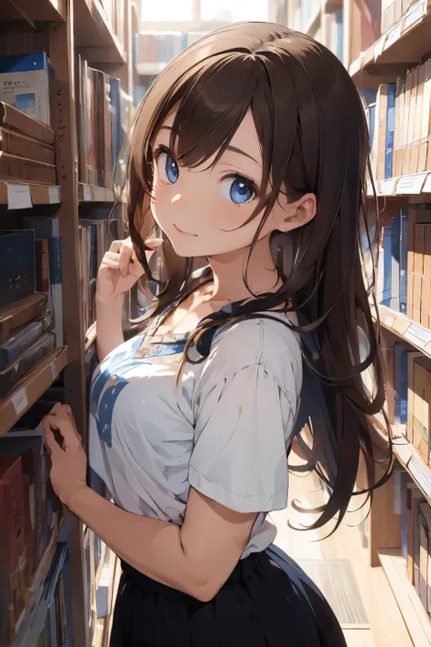 ((best quality)), ((masterpiece)), (detailed), girl, brown hair, blue eyes, sweet, peaceful, happy look, in a library, brat