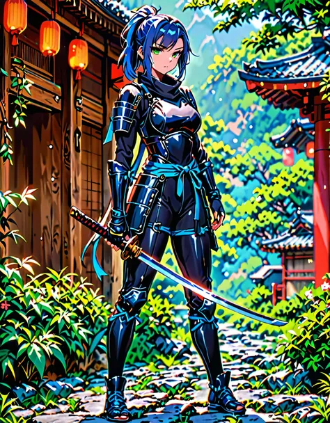 best quality, masterpiece, highres, 1girl, female ninja, blue hair, medium hair, ponytail, green eyes, tight black bodysuit, armored, holding katana, full body shot, solo