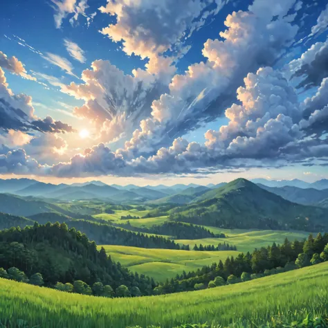 anime style，evening，evening sky，mountain々，surrounded by clouds，green fields and forests，beautiful sky，beautiful views